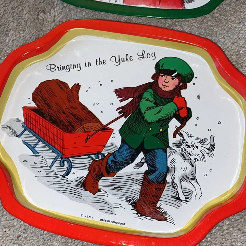 Vintage JSNY Christmas Metal Cookie Snack Tray Set ‎ Hong Kong Made (3)